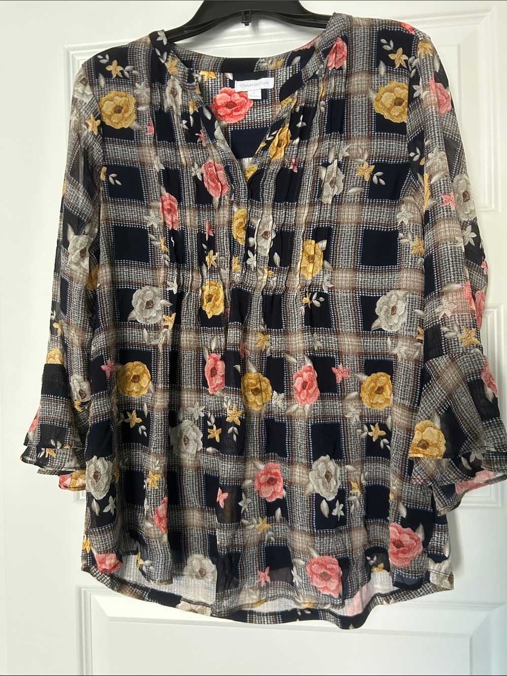Charter Club Navy Plaid Blouse with Pink and Yellow Floral Embroidery